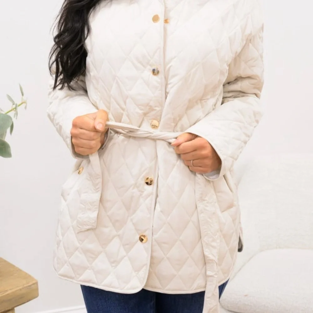 Women's Cream Quilted Tie Sash Jacket Cream Small NWOT Fantastic Fawn